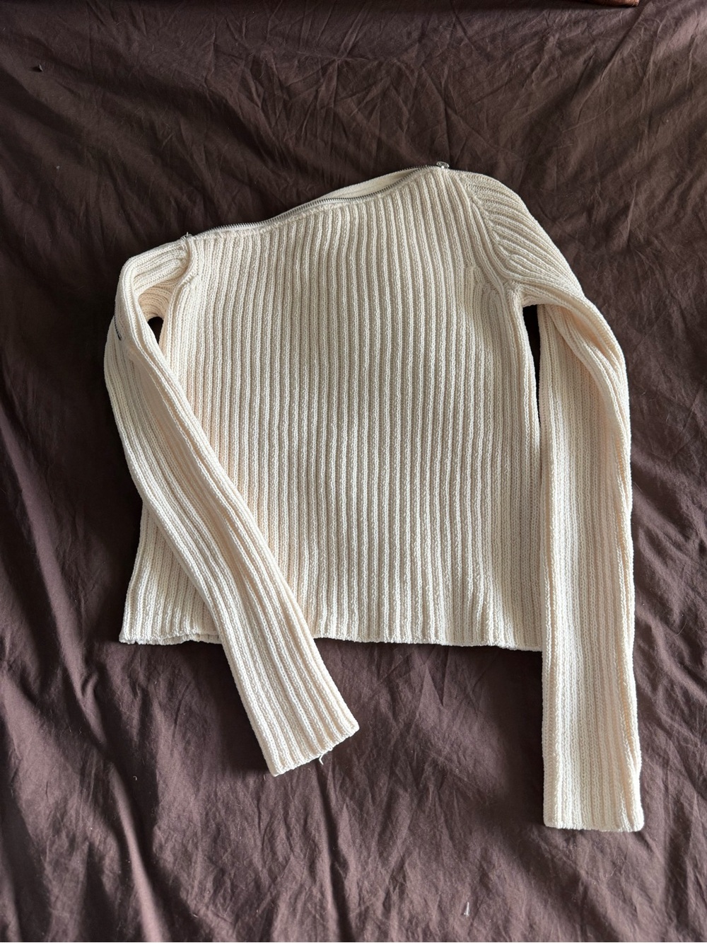 Zara Off-Shoulder Ribbed Cream Sweater